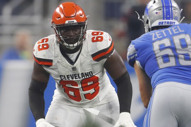FILE - In this Aug. 30, 2018, file photo, Cleveland Browns offensive tackle Desmond Harrison (69) defends the line as Detroit Lions defensive end Anthony Zettel (69) rushes during the first half of an NFL football preseason game, in Detroit. Browns undrafted rookie Desmond Harrison will start at left tackle in Sunday’s opener, filling the spot once held by future Hall of Famer Joe Thomas. (AP Photo/Paul Sancya, File)