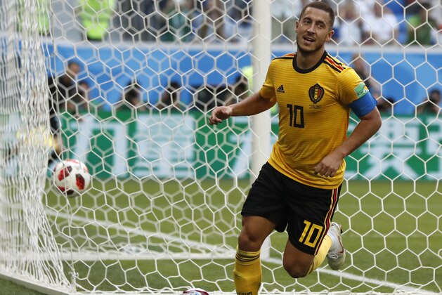 Belgium's Eden Hazard runs in celebration after scoring his side's second goal during the third place match between England and Belgium at the 2018 soccer World Cup in the St. Petersburg Stadium in St. Petersburg, Russia, Saturday, July 14, 2018. (AP Photo/Petr David Josek)