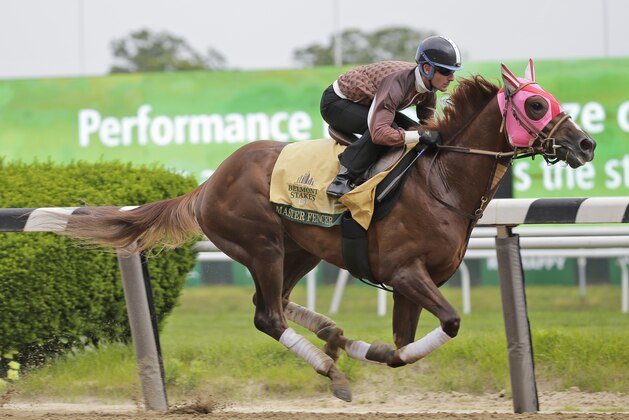 Jockey Julien Leparoux rides Master Fencer during a workout at Belmont Park in Elmont, N.Y., Wednesday, June 5, 2019. The 151st Belmont Stakes horse race will be run on Saturday, June 8, 2019. (AP Photo/Seth Wenig)