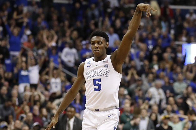 Duke forward RJ Barrett (5) reacts after scoring against Michigan State during the second half of an NCAA men's East Regional final college basketball game in Washington, Sunday, March 31, 2019. (AP Photo/Alex Brandon)