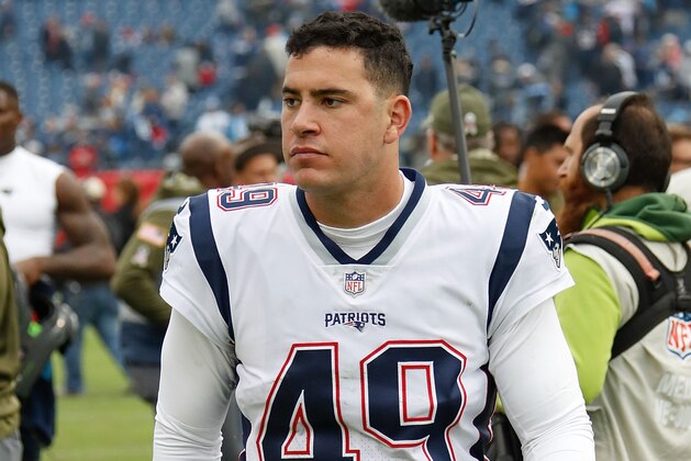NASHVILLE, TN - NOVEMBER 11:  Joe Cardona #49 of the New England Patriots leaves the field after a game against the Tennessee Titans at Nissan Stadium on November 11, 2018 in Nashville, Tennessee.  (Photo by Frederick Breedon/Getty Images)
