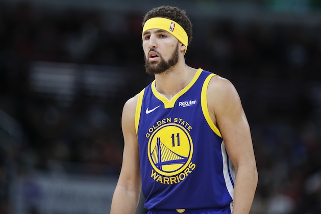 Golden State Warriors guard Klay Thompson looks on against the Chicago Bulls during the second half of an NBA basketball game, Monday, Oct. 29, 2018, in Chicago. (AP Photo/Kamil Krzaczynski)