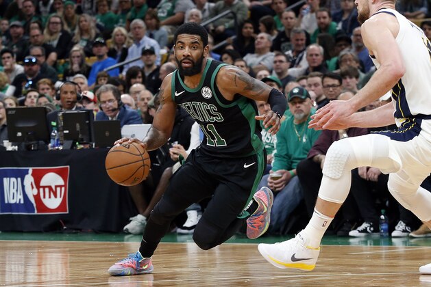 Boston Celtics' Kyrie Irving during the second quarter in Game 1 of a first-round NBA basketball playoff series against the Indiana Pacers, Sunday, April 14, 2019, in Boston. (AP Photo/Winslow Townson)