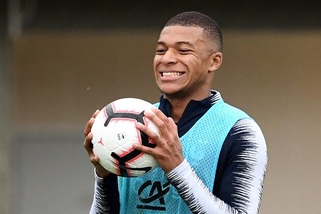 France's forward Kylian Mbappe reacts  during a training session in Clairefontaine-en-Yvelines, southwest of Paris, on May 30, 2019, as part of the team's preparation for the UEFA Euro 2020 qualifying Group H matches against Turkey and Andorra. (Photo by FRANCK FIFE / AFP)        (Photo credit should read FRANCK FIFE/AFP/Getty Images)