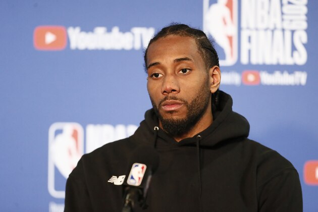 OAKLAND, CA - JUNE 5:  Kawhi Leonard #2 of the Toronto Raptors talks to the media following Game Three of the NBA Finals against the Golden State Warriors on June 5, 2019 at ORACLE Arena in Oakland, California. NOTE TO USER: User expressly acknowledges and agrees that, by downloading and/or using this photograph, user is consenting to the terms and conditions of Getty Images License Agreement. Mandatory Copyright Notice: Copyright 2019 NBAE (Photo by Chris Elise/NBAE via Getty Images)
