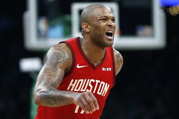 Houston Rockets' PJ Tucker (17) reacts after missing a shot during the second half of an NBA basketball game against the Boston Celtics in Boston, Sunday, March 3, 2019. (AP Photo/Michael Dwyer)