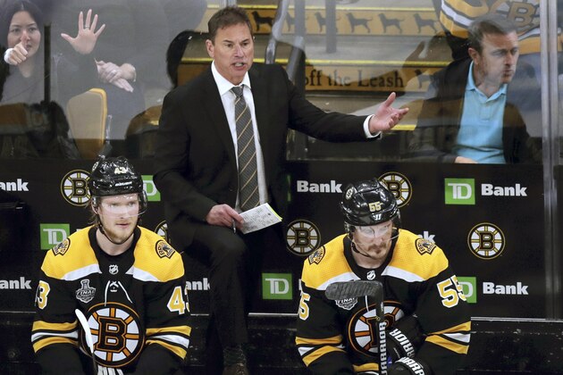 Boston Bruins head coach Bruce Cassidy appeals to an official from the bench during the second period in Game 5 of the NHL hockey Stanley Cup Final against the St. Louis Blues, Thursday, June 6, 2019, in Boston. (AP Photo/Charles Krupa)