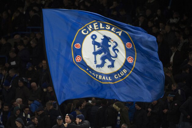 LONDON, ENGLAND - MARCH 07: Official Chelsea club crest on giant flag being waved before the UEFA Europa League Round of 16 First Leg match between Chelsea and Dynamo Kyiv at Stamford Bridge on March 07, 2019 in London, England. (Photo by Visionhaus/Getty Images)
