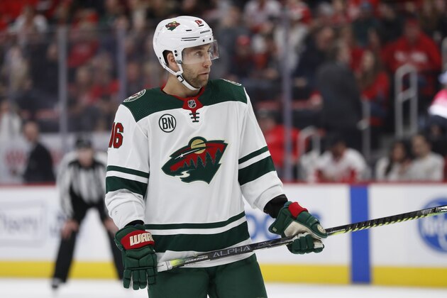 Minnesota Wild left wing Jason Zucker during the second period of an NHL hockey game against the Detroit Red Wings, Friday, Feb. 22, 2019, in Detroit. (AP Photo/Carlos Osorio)