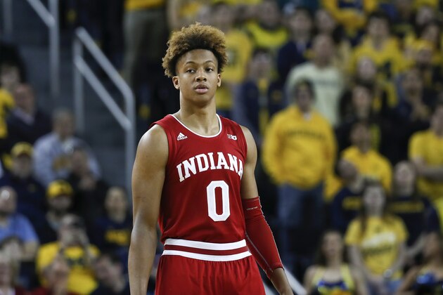 Indiana guard Romeo Langford plays against Michigan in the first half of an NCAA college basketball game in Ann Arbor, Mich., Sunday, Jan. 6, 2019. (AP Photo/Paul Sancya)