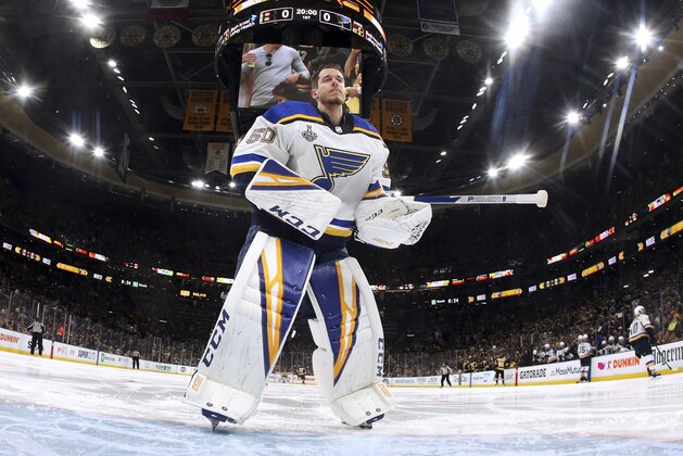St. Louis Blues goaltender Jordan Binnington skates to his position at the start of Game 5 of the NHL hockey Stanley Cup Final against the Boston Bruins, Thursday, June 6, 2019, in Boston. (Bruce Bennett/Pool via AP)