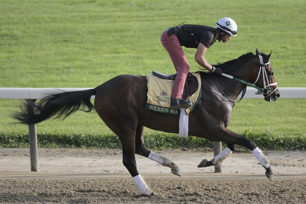Exercise rider Jose Mejia rides Bourbon War during a workout at Belmont Park in Elmont, N.Y., Thursday, June 6, 2019. The 151st Belmont Stakes horse race will be run on Saturday, June 8, 2019. (AP Photo/Seth Wenig)