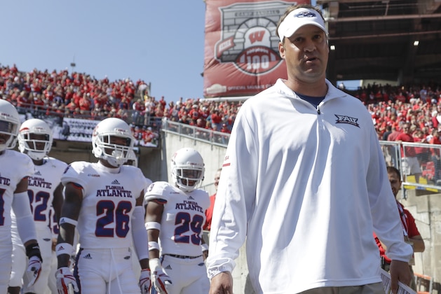 Florida Atlantic head coach Lane Kiffin leads his team on the field before an NCAA college football game against Wisconsin Saturday, Sept. 9, 2017, in Madison, Wis. (AP Photo/Morry Gash)