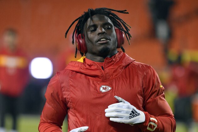 Kansas City Chiefs wide receiver Tyreek Hill (10) warms up before an NFL football game against the Los Angeles Chargers in Kansas City, Mo., Thursday, Dec. 13, 2018. (AP Photo/Ed Zurga)