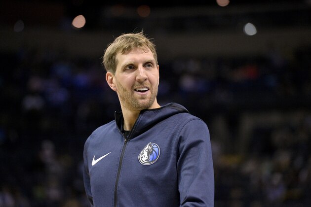 Dallas Mavericks forward Dirk Nowitzki warms up before an NBA basketball game against the Memphis Grizzlies Sunday, April 7, 2019, in Memphis, Tenn. (AP Photo/Brandon Dill)