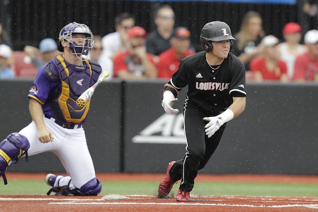 Louisville's Jake Snider tosses his bat after hitting a single during the fourth inning in Game 1 of an NCAA college baseball super regional tournament against East Carolina, Friday, June 7, 2019, in Louisville, Ky. (AP Photo/Darron Cummings)