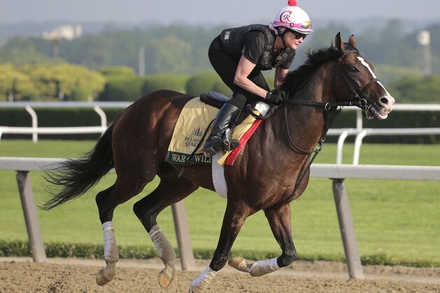 Exercise rider Kim Carroll rides War of Will during a workout at Belmont Park in Elmont, N.Y., Thursday, June 6, 2019. The 151st Belmont Stakes horse race will be run on Saturday, June 8, 2019. (AP Photo/Seth Wenig)