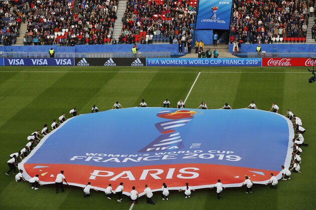 An overview of the opening ceremony ahead of the Women's World Cup Group A soccer match between France and South Korea, at the Parc des Princes in Paris, Friday, June 7, 2019. (AP Photo/Francois Mori)