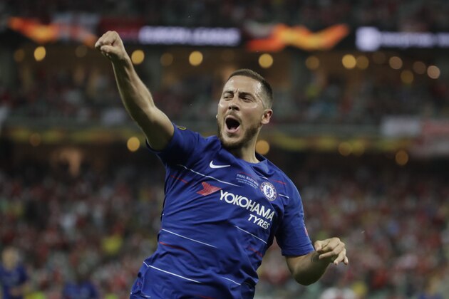Chelsea's Eden Hazard celebrates after scoring his side's fourth goal during the Europa League Final soccer match between Arsenal and Chelsea at the Olympic stadium in Baku, Azerbaijan, Wednesday, May 29, 2019. (AP Photo/Luca Bruno)