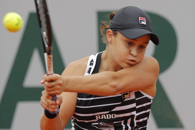 Australia's Ashleigh Barty plays a shot against Amanda Anisimova of the U.S. during their semifinal match of the French Open tennis tournament at the Roland Garros stadium in Paris, Friday, June 7, 2019. (AP Photo/Michel Euler)