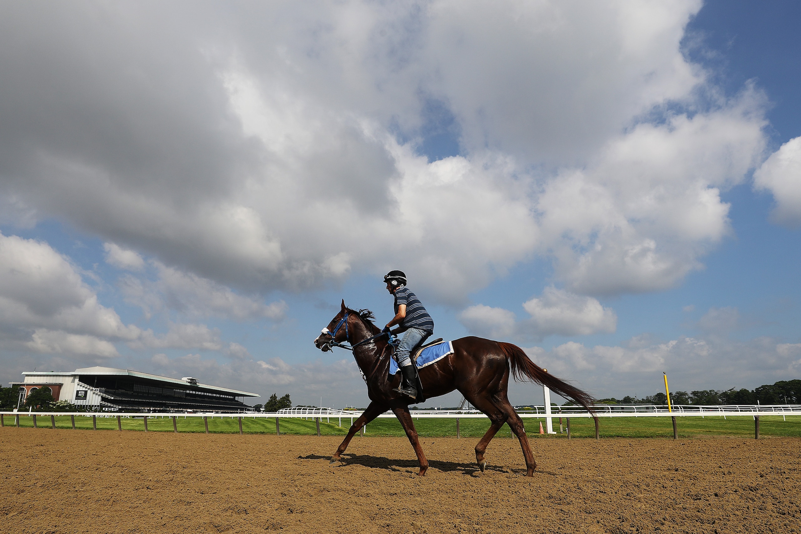ELMONT, NEW YORK - JUNE 06:  A general view of a horse and Exercise Rider training prior to the 151st running of the Belmont Stakes at Belmont Park at Belmont Park on June 06, 2019 in Elmont, New York. (Photo by Al Bello/Getty Images)