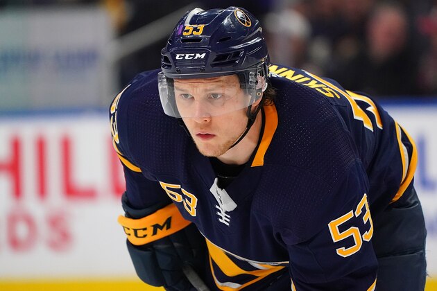 BUFFALO, NY - APRIL 2: Jeff Skinner #53 of the Buffalo Sabres looks on during the game against the Nashville Predators at KeyBank Center on April 2, 2019 in Buffalo, New York. (Photo by Kevin Hoffman/Getty Images)