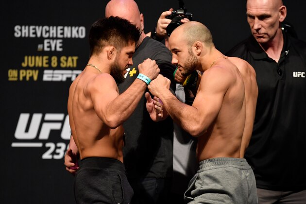 CHICAGO, IL - JUNE 07:  (L-R) Henry Cejudo and Marlon Moraes of Brazil face off during the UFC 238 weigh-in at the United Center on June 7, 2019 in Chicago, Illinois. (Photo by Jeff Bottari/Zuffa LLC/Zuffa LLC via Getty Images)
