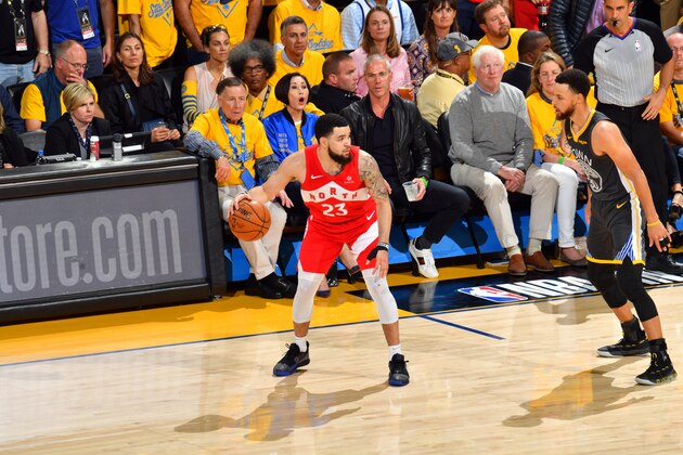 OAKLAND, CA - JUNE 7: Fred VanVleet #23 of the Toronto Raptors handles the ball against the Golden State Warriors during Game Four of the NBA Finals on June 7, 2019 at ORACLE Arena in Oakland, California. NOTE TO USER: User expressly acknowledges and agrees that, by downloading and/or using this photograph, user is consenting to the terms and conditions of Getty Images License Agreement. Mandatory Copyright Notice: Copyright 2019 NBAE (Photo by Jesse D. Garrabrant/NBAE via Getty Images)