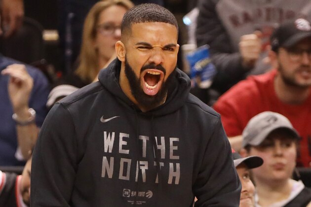 TORONTO, CANADA - JUNE 2: Drake reacts during Game Two of the NBA Finals between the Golden State Warriors and Toronto Raptors on June 2, 2019 at Scotiabank Arena in Toronto, Ontario, Canada. NOTE TO USER: User expressly acknowledges and agrees that, by downloading and/or using this photograph, user is consenting to the terms and conditions of the Getty Images License Agreement. Mandatory Copyright Notice: Copyright 2019 NBAE (Photo by Cole Burston/NBAE via Getty Images)
