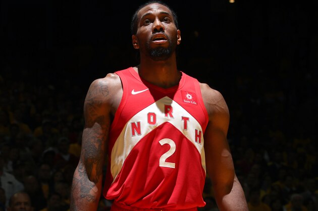 OAKLAND, CA - JUNE 7: Kawhi Leonard #2 of the Toronto Raptors looks on during Game Four of the NBA Finals against the Golden State Warriors on June 7, 2019 at ORACLE Arena in Oakland, California. NOTE TO USER: User expressly acknowledges and agrees that, by downloading and/or using this photograph, user is consenting to the terms and conditions of Getty Images License Agreement. Mandatory Copyright Notice: Copyright 2019 NBAE (Photo by Nathaniel S. Butler/NBAE via Getty Images)