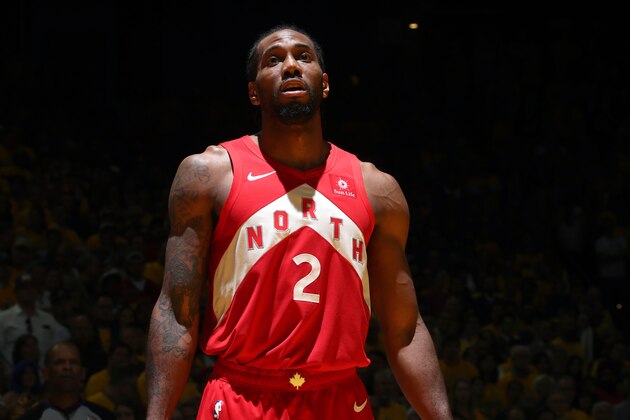 OAKLAND, CA - JUNE 7: Kawhi Leonard #2 of the Toronto Raptors looks on during Game Four of the NBA Finals against the Golden State Warriors on June 7, 2019 at ORACLE Arena in Oakland, California. NOTE TO USER: User expressly acknowledges and agrees that, by downloading and/or using this photograph, user is consenting to the terms and conditions of Getty Images License Agreement. Mandatory Copyright Notice: Copyright 2019 NBAE (Photo by Nathaniel S. Butler/NBAE via Getty Images)