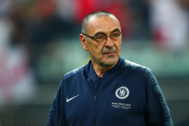 BAKU, AZERBAIJAN - MAY 28: Maurizio Sarri the head coach / manager of Chelsea during the UEFA Europa League Final between Chelsea and Arsenal at Baku Olimpiya Stadionu on May 29, 2019 in Baku, Azerbaijan. (Photo by Robbie Jay Barratt - AMA/Getty Images)