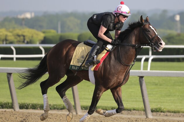 Exercise rider Kim Carroll rides War of Will during a workout at Belmont Park in Elmont, N.Y., Thursday, June 6, 2019. The 151st Belmont Stakes horse race will be run on Saturday, June 8, 2019. (AP Photo/Seth Wenig)