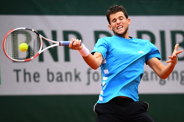 PARIS, FRANCE - JUNE 08: Dominic Thiem of Austria plays a forehand during his mens singles semi-final match against Novak Djokovic of Serbia during Day fourteen of the 2019 French Open at Roland Garros on June 08, 2019 in Paris, France. (Photo by Clive Mason/Getty Images)