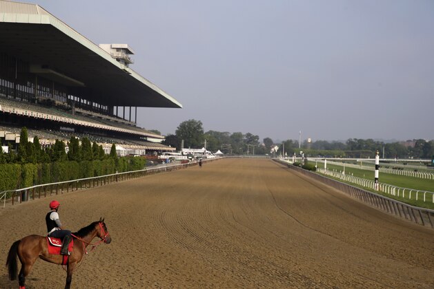A rider looks out over a mostly empty track during workouts at Belmont Park in Elmont, N.Y., Thursday, June 6, 2019. The 151st Belmont Stakes horse race will be run on Saturday, June 8, 2019. (AP Photo/Seth Wenig)