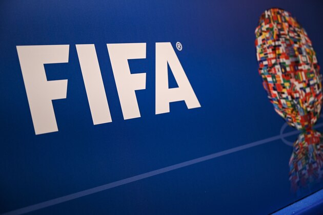 A picture shows the FIFA logo during a press conference held by the president of the football's governing body at the FIFA Executive Football Summit on February 15, 2019 in Istanbul. (Photo by OZAN KOSE / AFP)        (Photo credit should read OZAN KOSE/AFP/Getty Images)
