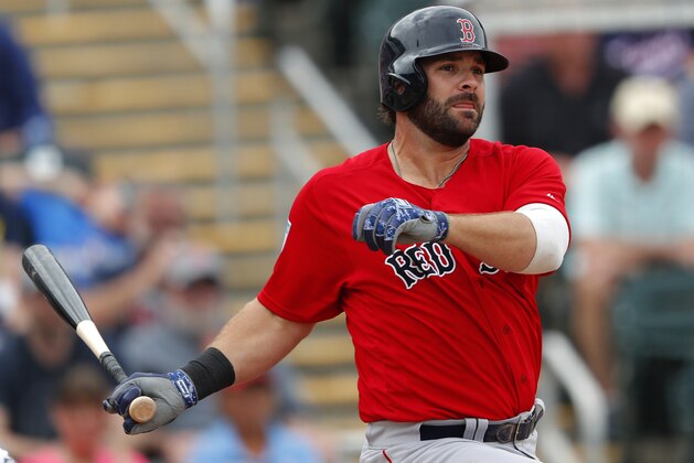 Boston Red Sox first baseman Mitch Moreland (18) is shown in action against the Minnesota Twins in a spring training baseball game Monday, March 18, 2019, in Fort Myers, Fla. (AP Photo/John Bazemore)