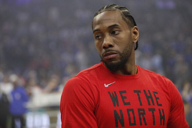 Toronto Raptors' Kawhi Leonard looks on prior to the first half of Game 6 of a second-round NBA basketball playoff series against the Philadelphia 76ers, Thursday, May 9, 2019, in Philadelphia. 76ers won 112-101. (AP Photo/Chris Szagola)