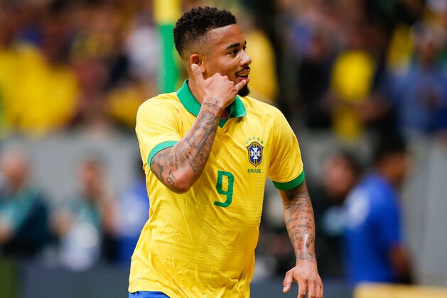 BRASILIA, BRAZIL - JUNE 05: Gabriel Jesus of Brazil celebrates after scoring the second goal of his team during the friendly match against Qatar at Mane Garrincha Stadium on June 05, 2019 in Brasilia, Brazil. (Photo by Alexandre Schneider/Getty Images)