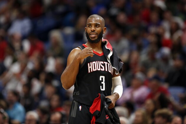Houston Rockets guard Chris Paul (3) during the first half of an NBA basketball game in New Orleans, Sunday, March 24, 2019. (AP Photo/Tyler Kaufman)