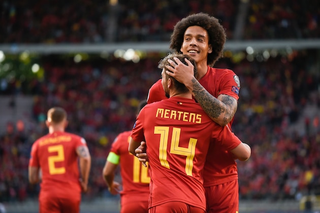 Belgium's Dries Mertens (L) celebrates with Belgium's midfielder Axel Witsel after scoring a goal during the UEFA Euro 2020 qualification football match between Belgium and Kazakhstan at the King Baudouin Stadium in Brussels on June 8, 2019. (Photo by JOHN THYS / AFP)        (Photo credit should read JOHN THYS/AFP/Getty Images)