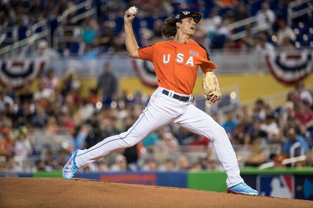 MIAMI, FL - JULY 9: Brent Honeywell #21 of the Tampa Bay Rays and the U.S. Team pitches during the SiriusXM All-Star Futures Game at Marlins Park on July 9, 2017 in Miami, Florida. (Photo by Brace Hemmelgarn/Minnesota Twins/Getty Images)