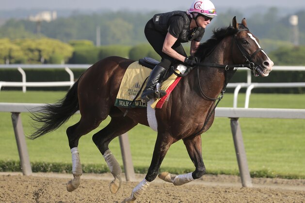 Exercise rider Kim Carroll rides War of Will during a workout at Belmont Park in Elmont, N.Y., Thursday, June 6, 2019. The 151st Belmont Stakes horse race will be run on Saturday, June 8, 2019. (AP Photo/Seth Wenig)