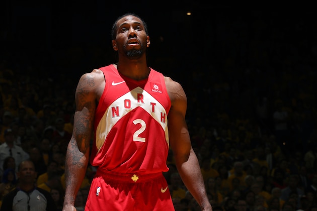 OAKLAND, CA - JUNE 7: Kawhi Leonard #2 of the Toronto Raptors looks on during Game Four of the NBA Finals against the Golden State Warriors on June 7, 2019 at ORACLE Arena in Oakland, California. NOTE TO USER: User expressly acknowledges and agrees that, by downloading and/or using this photograph, user is consenting to the terms and conditions of Getty Images License Agreement. Mandatory Copyright Notice: Copyright 2019 NBAE (Photo by Nathaniel S. Butler/NBAE via Getty Images)
