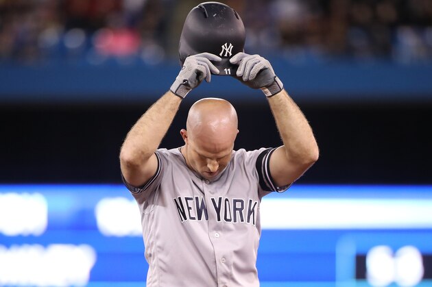 TORONTO, ON - JUNE 04:  Brett Gardner #11 of the New York Yankees reacts after flying out to end the top of the eighth inning during MLB game action against the Toronto Blue Jays at Rogers Centre on June 4, 2019 in Toronto, Canada. (Photo by Tom Szczerbowski/Getty Images)