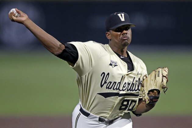 Vanderbilt's Kumar Rocker throws to a Duke batter in the first inning of an NCAA college baseball tournament super regional game Saturday, June 8, 2019, in Nashville, Tenn. (AP Photo/Wade Payne)