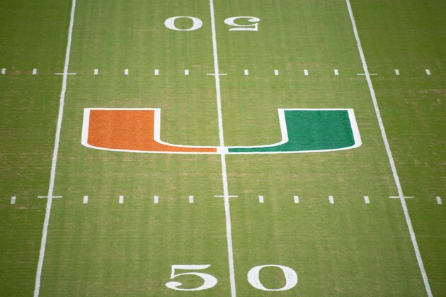 MIAMI, FL - OCTOBER 06: A general view of the Miami Hurricanes logo before the game between the Miami Hurricanes and the Florida State Seminoles at Hard Rock Stadium on October 6, 2018 in Miami, Florida. (Photo by Mark Brown/Getty Images)