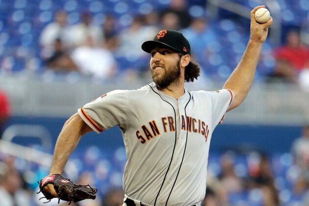 San Francisco Giants starting pitcher Madison Bumgarner throws during the first inning of a baseball game against the Miami Marlins, Wednesday, May 29, 2019, in Miami. (AP Photo/Lynne Sladky)