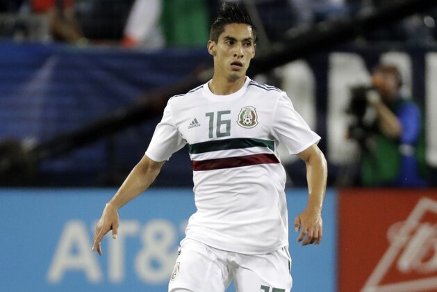 Mexico midfielder Erick Aguirre (16) plays against the United States during an international friendly match Tuesday, Sept. 11, 2018, in Nashville, Tenn. (AP Photo/Mark Humphrey)