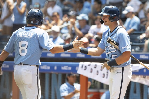 North Carolina's Ashton McGee (5) and Ike Freeman (8) celebrate after a play during the NCAA ACC college baseball championship game against Georgia Tech in Durham, N.C., Sunday, May 26, 2019. (AP Photo/Ben McKeown)